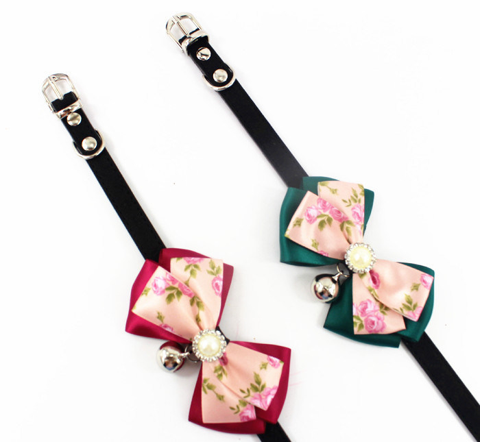 Cute Lace Bowtie with Bell Dog Collars Leather Pet Leads