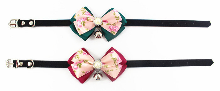 Cute Lace Bowtie with Bell Dog Collars Leather Pet Leads
