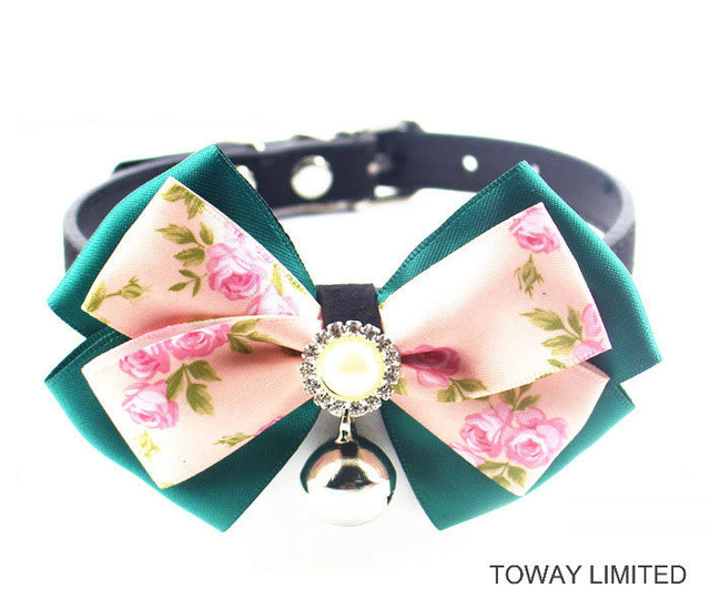 Cute Lace Bowtie with Bell Dog Collars Leather Pet Leads
